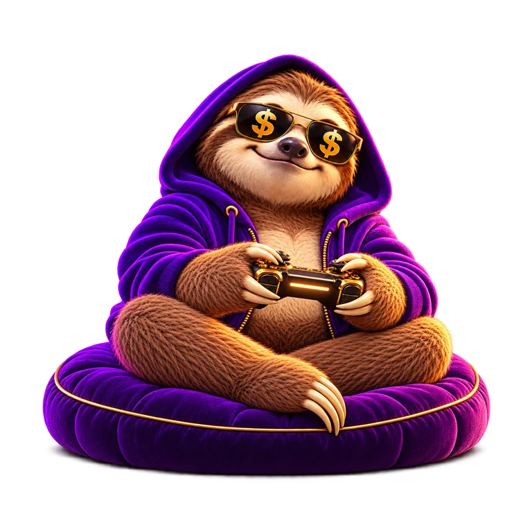SlothCash sitting cross-legged on a cushion with a game controller; brown-and-cream sloth, purple hoodie and gold dollar sunglasses