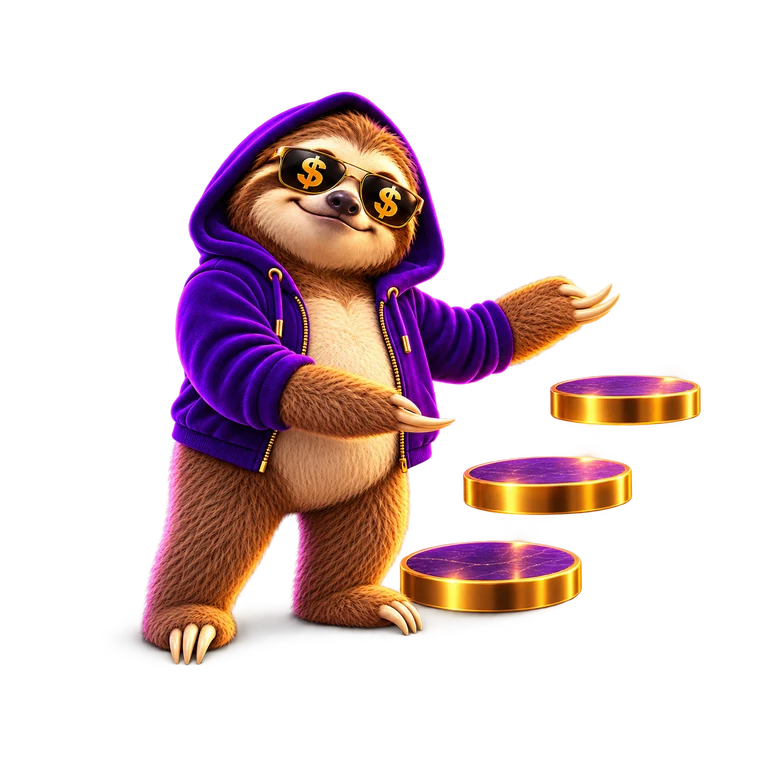 Full-body SlothCash guide beside three purple and gold steps; brown-and-cream sloth, purple hoodie and gold dollar sunglasses