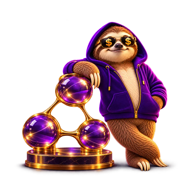 SlothCash leaning beside a purple and gold network sculpture; brown-and-cream sloth, purple hoodie and gold dollar sunglasses