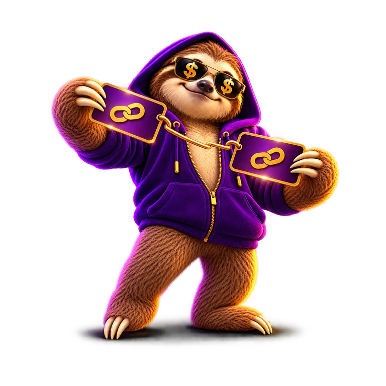 SlothCash holding two connected invitation cards; brown-and-cream sloth, purple hoodie and gold dollar sunglasses
