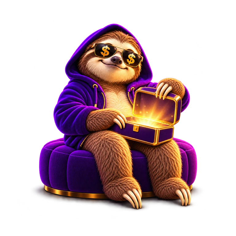 SlothCash seated on a purple ottoman with an open reward case; brown-and-cream sloth, purple hoodie and gold dollar sunglasses