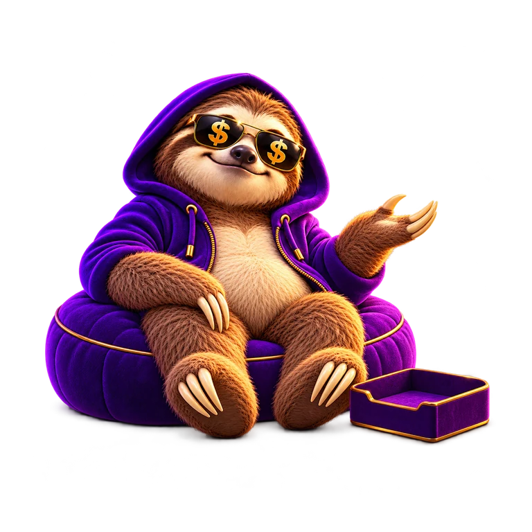 SlothCash relaxing on a pouf with an open organizer and a welcoming gesture; brown-and-cream sloth, purple hoodie and gold dollar sunglasses