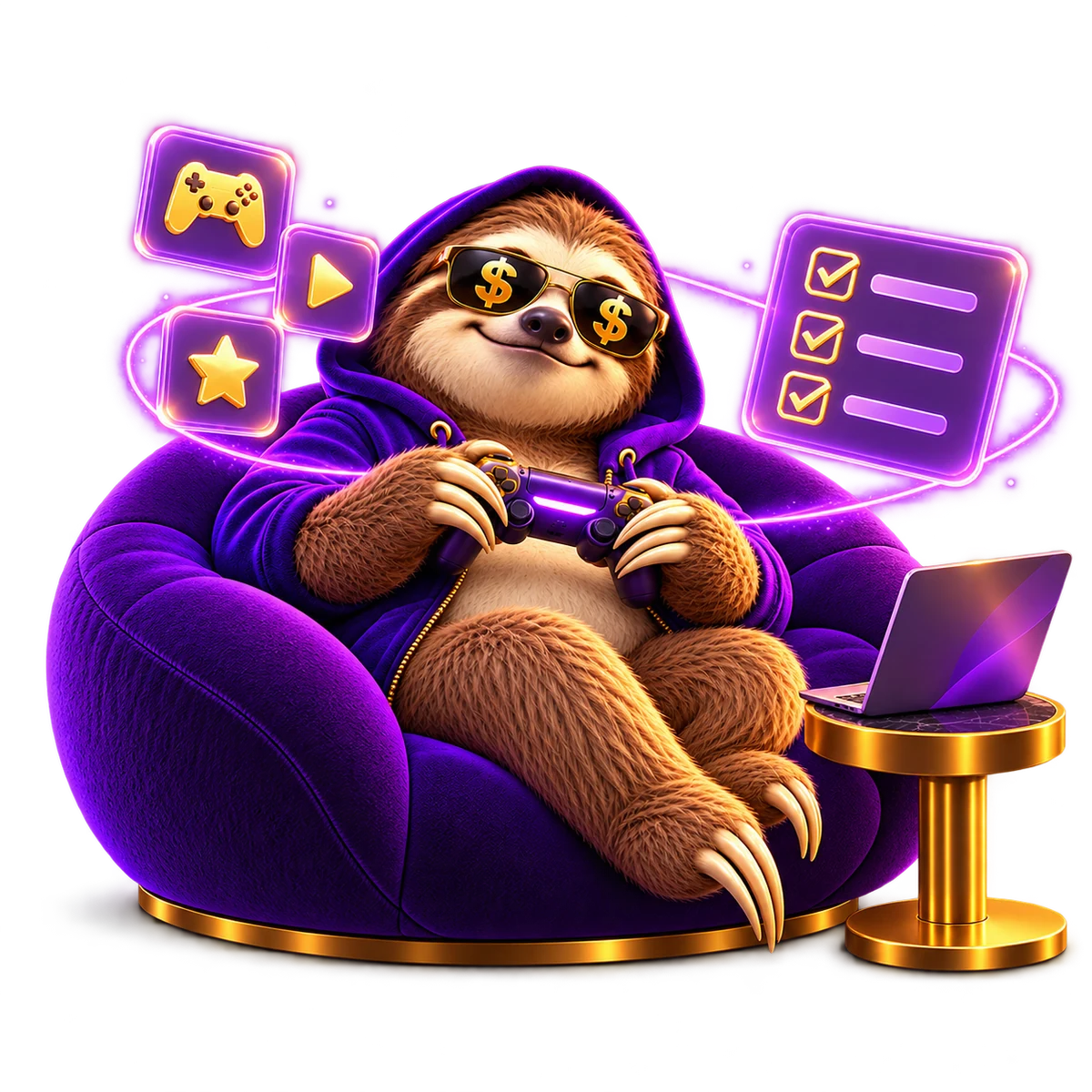 The sloth exploring games and survey activities in the same illustrated world.