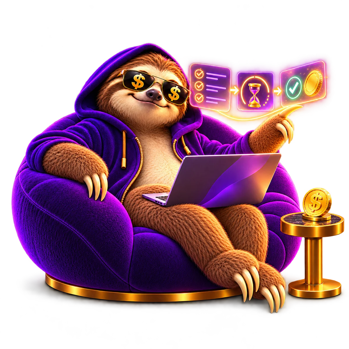The sloth considering a reward milestone, with warm gold light in the purple room.